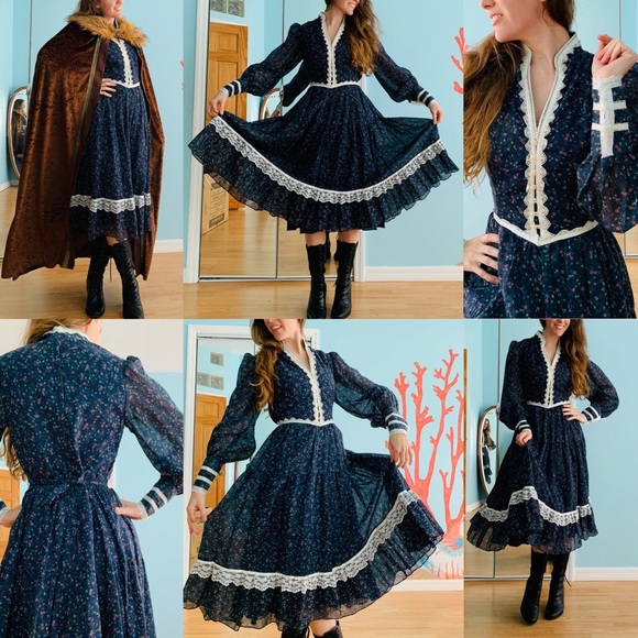 SOLD- Rare Gunne Sax Dark Blue Midi Dress - Picture 3 of 9